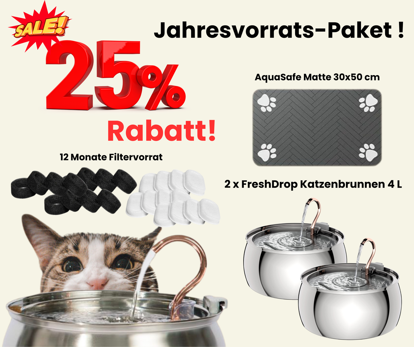 Jahresvorrats-Paket FreshDrop Katzenbrunnen (4L mit Kabel)