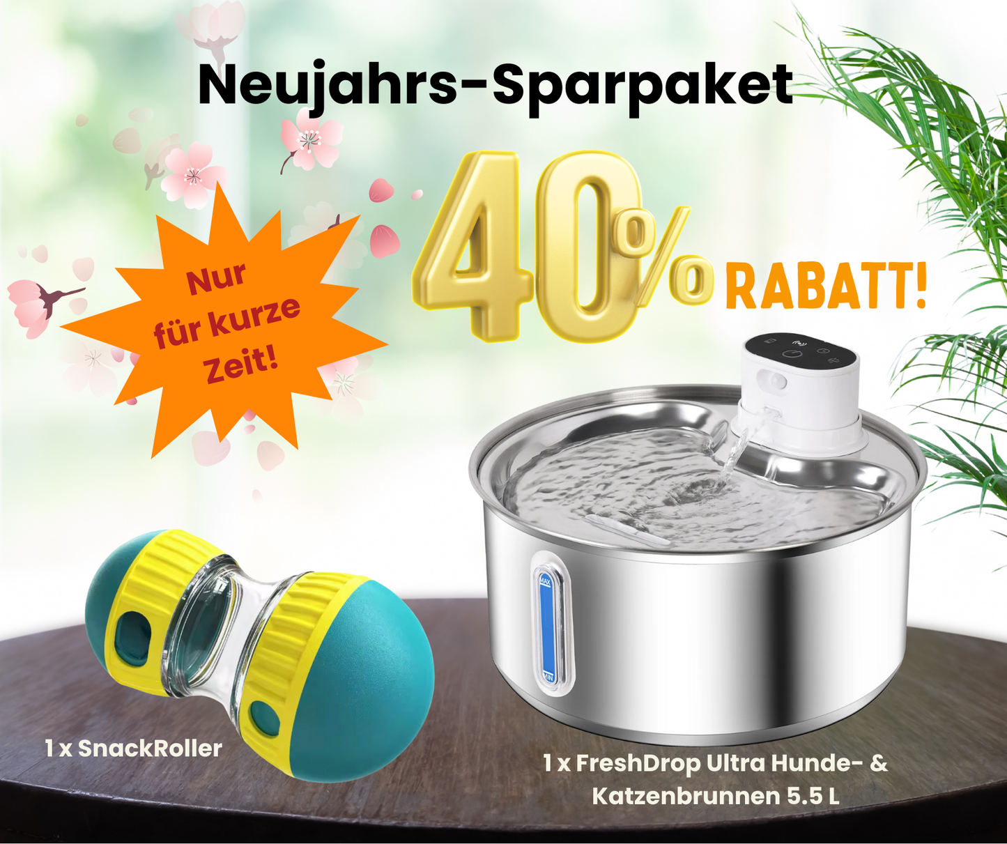 Neujahrs-Sale FreshDrop Ultra Hunde- & Katzenbrunnen (5,5L & kabellos) & Snackroller