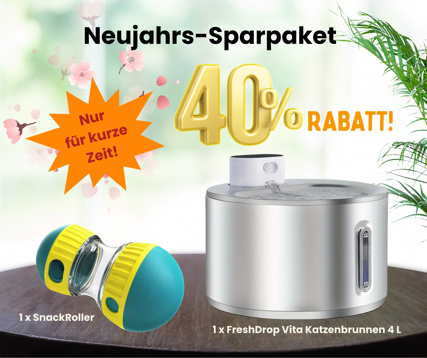 Neujahrs-Sale FreshDrop Vita Katzenbrunnen (4L & kabellos) & Snackroller